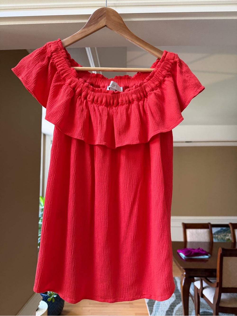 LOFT Off-Shoulder Ruffle Top in Coral Red